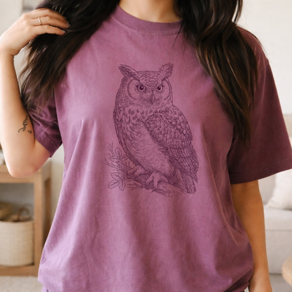 Detailed Feather Art Owl Boho Tee